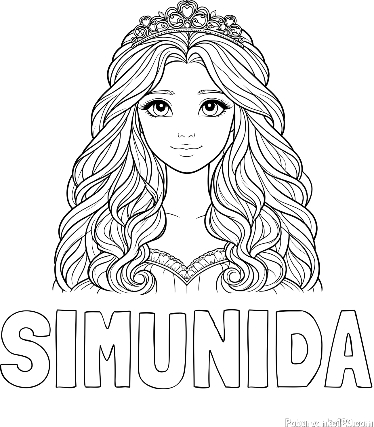 Pobarvanka imena SIMUNIDA in pobarvanka ljubke princese z bujnimi lasmi