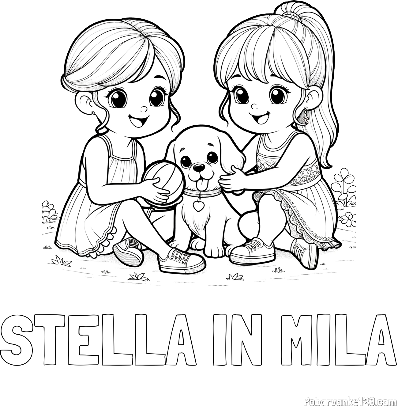 Pobarvanka imena STELLA IN MILA in pobarvanka prijateljic s kužkom