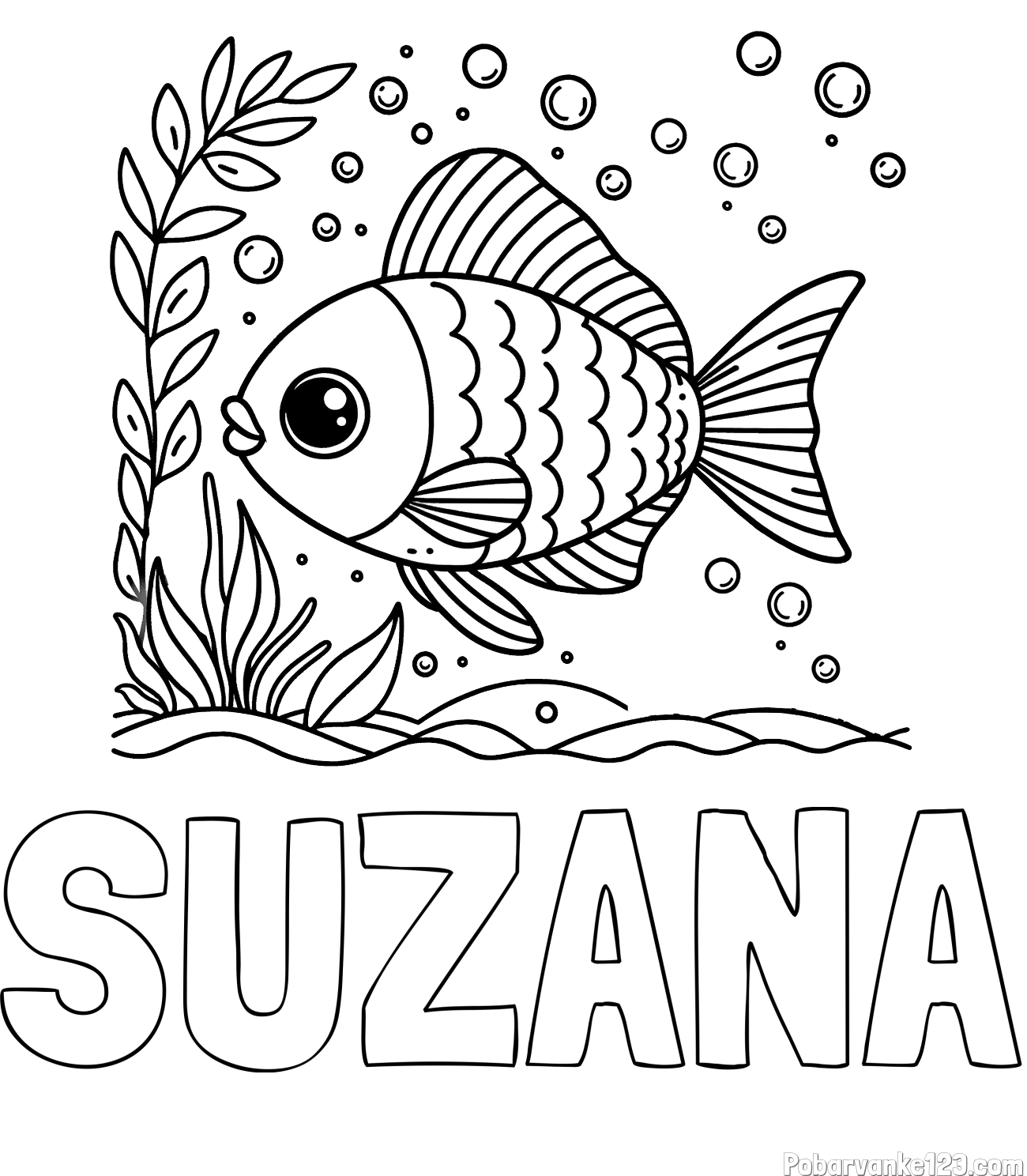 Pobarvanka imena SUZANA in otroška pobarvanka ljubke ribe
