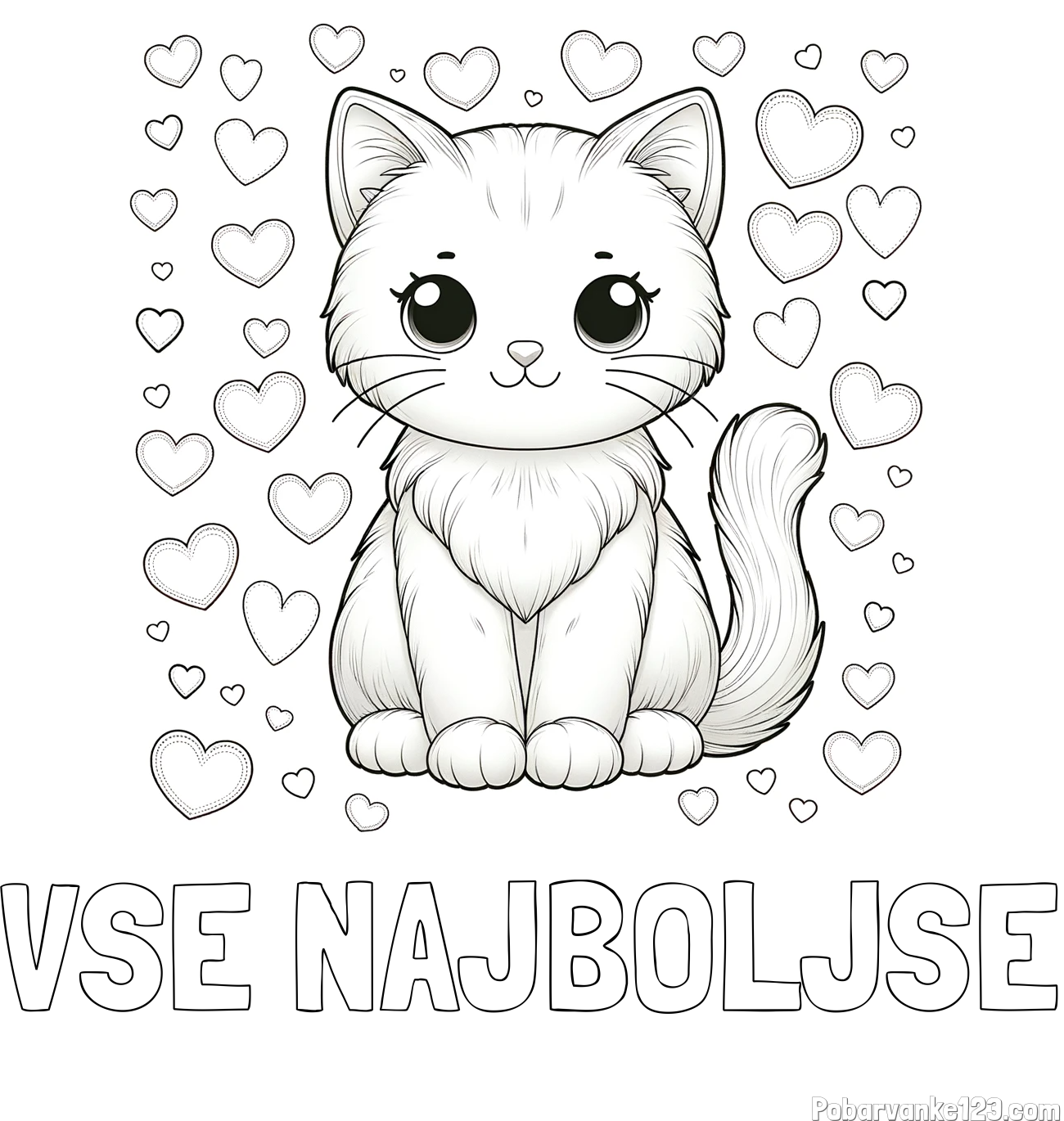 Pobarvanka imena VSE NAJBOLJŠE in pobarvanka ljubke mucke obdane s srčki