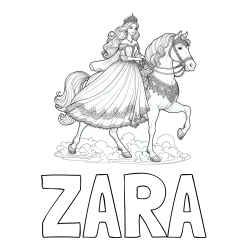 Online izdelana pobarvanka - Pobarvanka imena ZARA in pobarvanka princese na konju