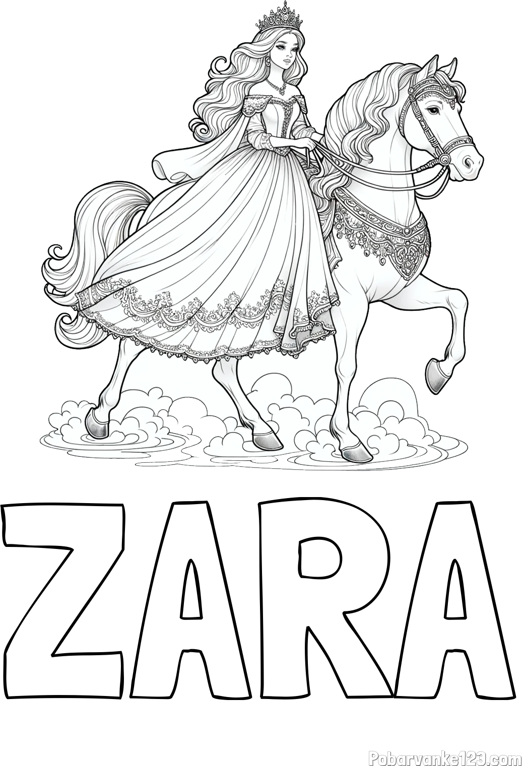 Pobarvanka imena ZARA in pobarvanka princese na konju