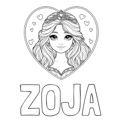Online izdelana pobarvanka - Pobarvanka imena ZOJA in pobarvanka princeske ter srčkov