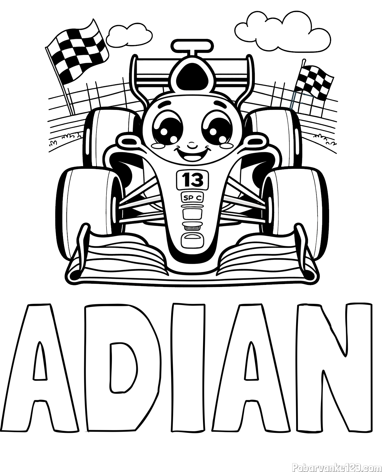Pobarvanka imena ADIAN in otroška pobarvanka FORMULA 1