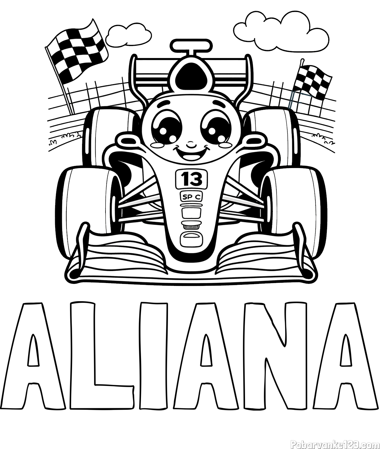 Pobarvanka imena ALIANA in otroška pobarvanka FORMULA 1