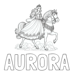 Online izdelana pobarvanka - Pobarvanka imena AURORA in pobarvanka princese na konju