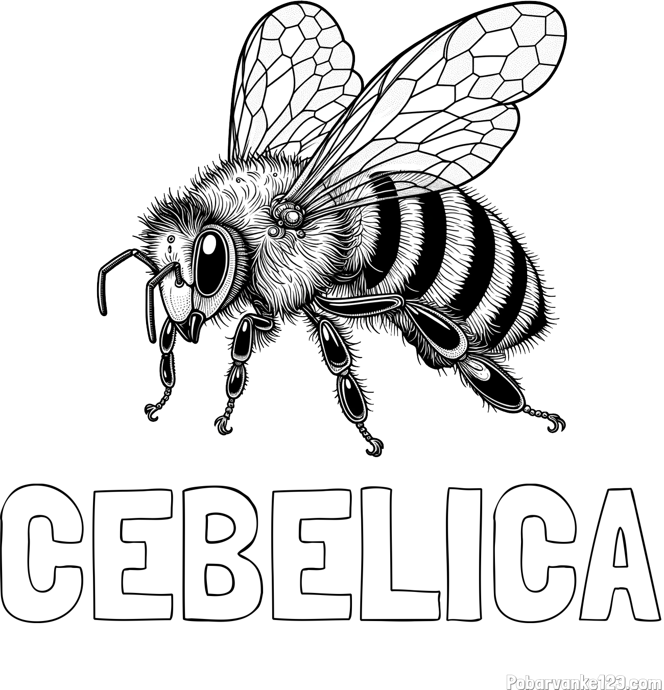Pobarvanka imena ČEBELICA in pobarvanka lepe in realistično oblikovane čebele