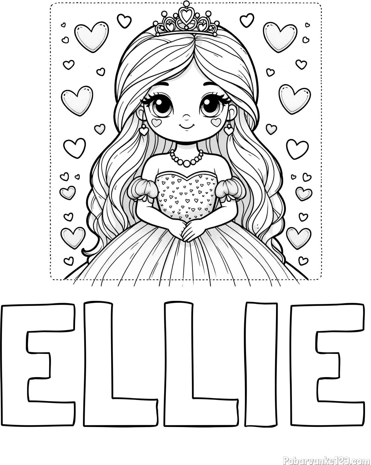Pobarvanka imena ELLIE in pobarvanka ljubke princese obdane s srčki