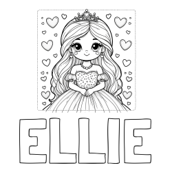 Online izdelana pobarvanka - Pobarvanka imena ELLIE in pobarvanka ljubke princese obdane s srčki