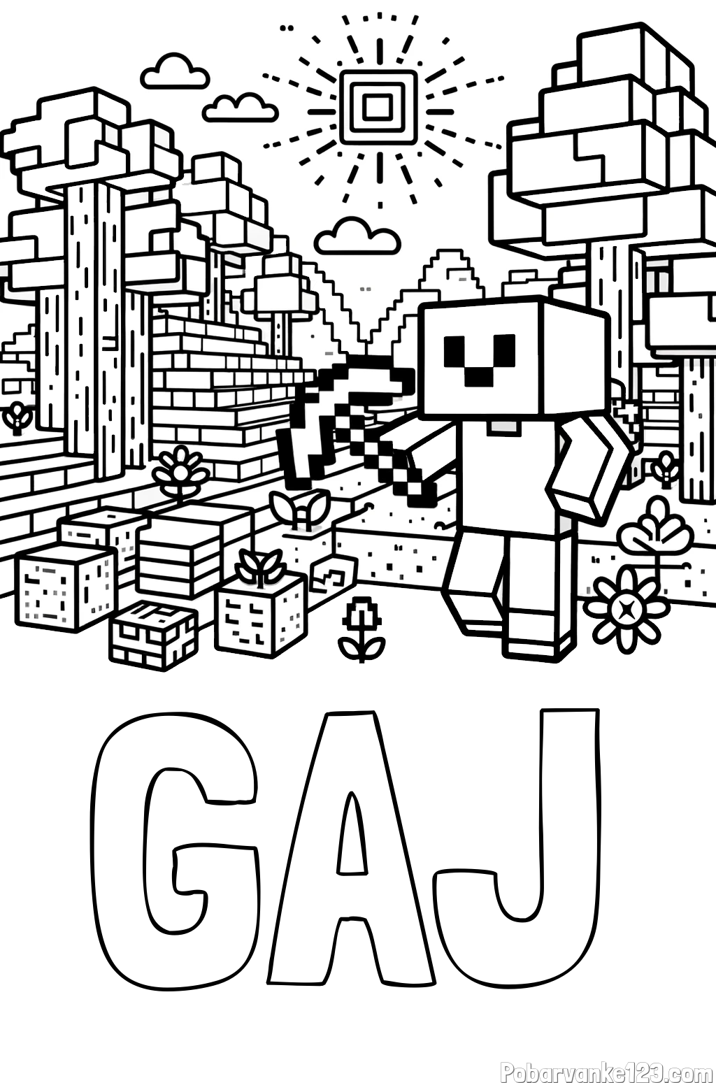 Pobarvanka imena GAJ in pobarvanka Minecraft sveta