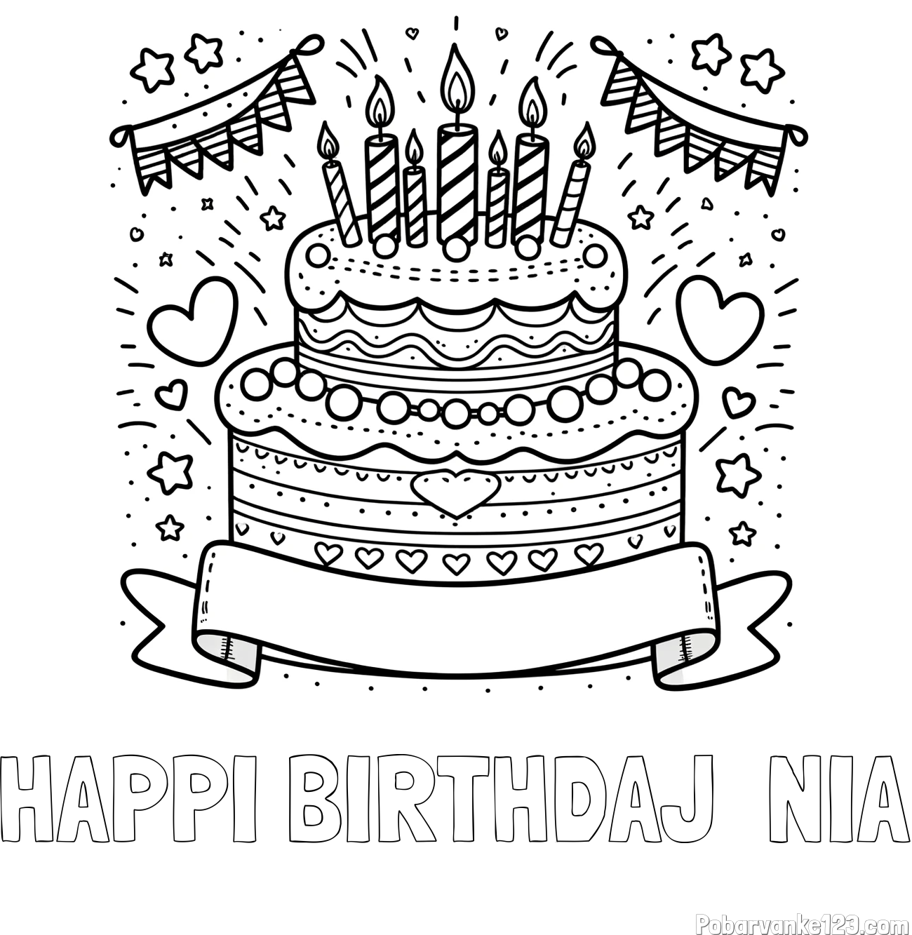 Pobarvanka imena HAPPI BIRTHDAJ  NIA in pobarvanka velike torte za rojstni dan