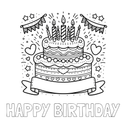 Online izdelana pobarvanka - Pobarvanka imena HAPPY BIRTHDAY in pobarvanka velike torte za rojstni dan