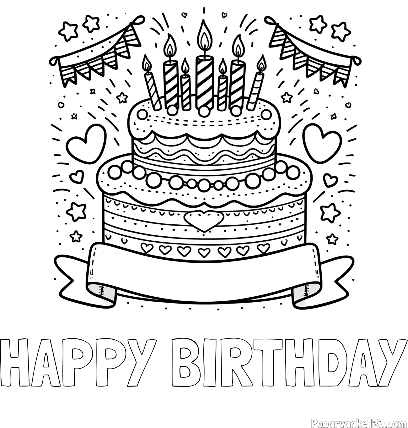 Pobarvanka imena HAPPY BIRTHDAY in pobarvanka velike torte za rojstni dan