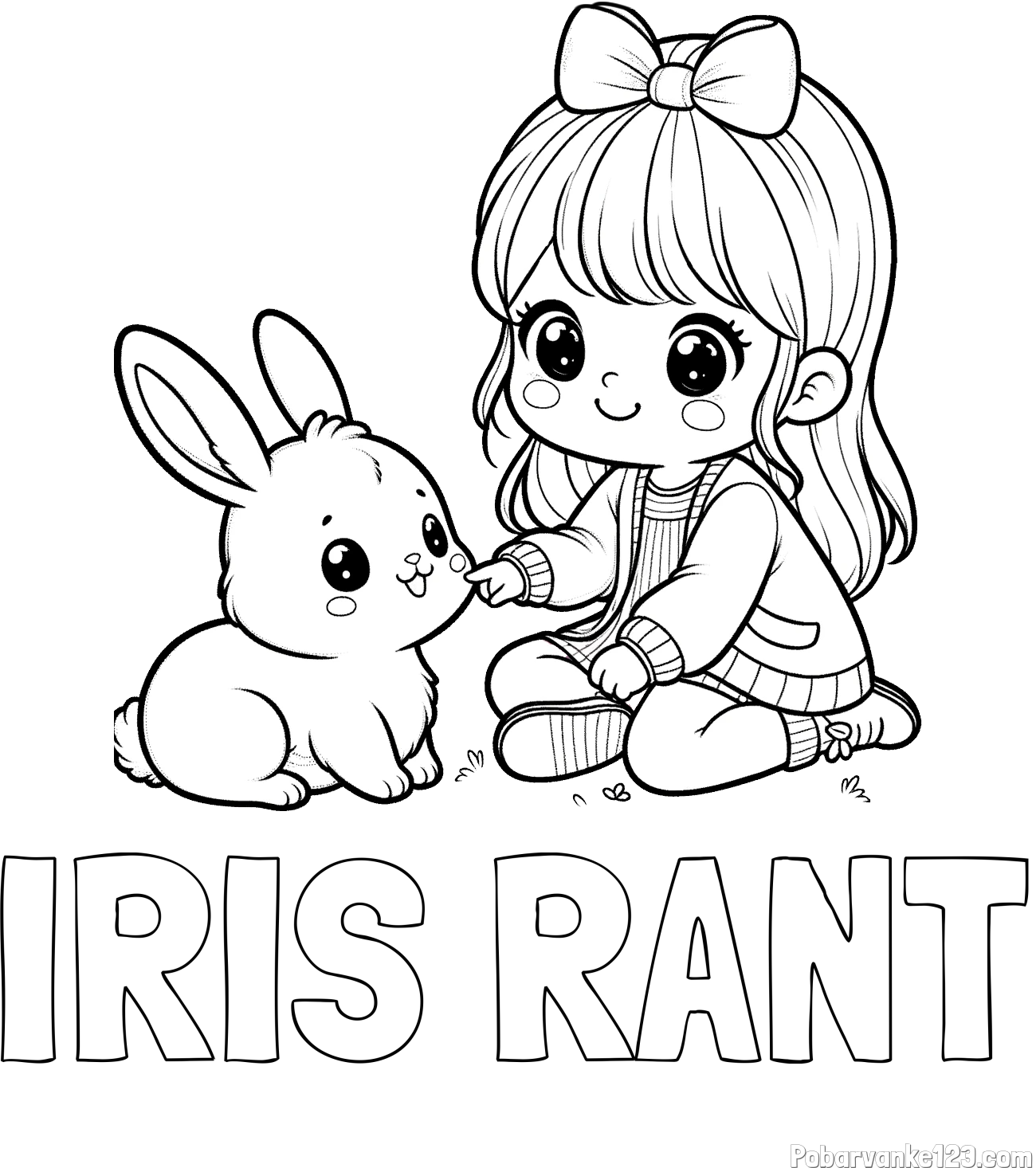 Pobarvanka imena IRIS RANT in pobarvanka ljubke punčke, ki se igra z zajčkom