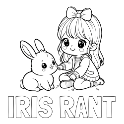 Online izdelana pobarvanka - Pobarvanka imena IRIS RANT in pobarvanka ljubke punčke, ki se igra z zajčkom
