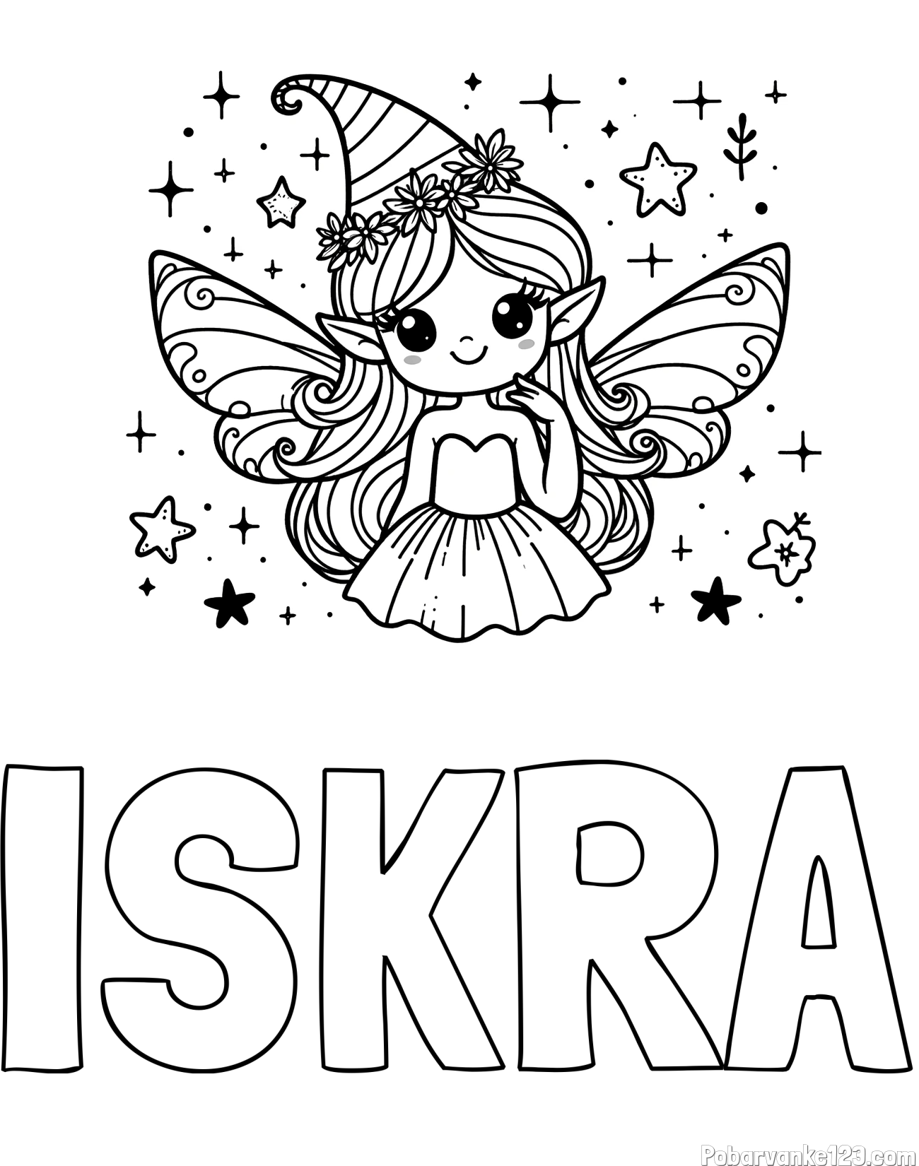 Pobarvanka imena ISKRA in pobarvanka ljubke in nasmejane vile
