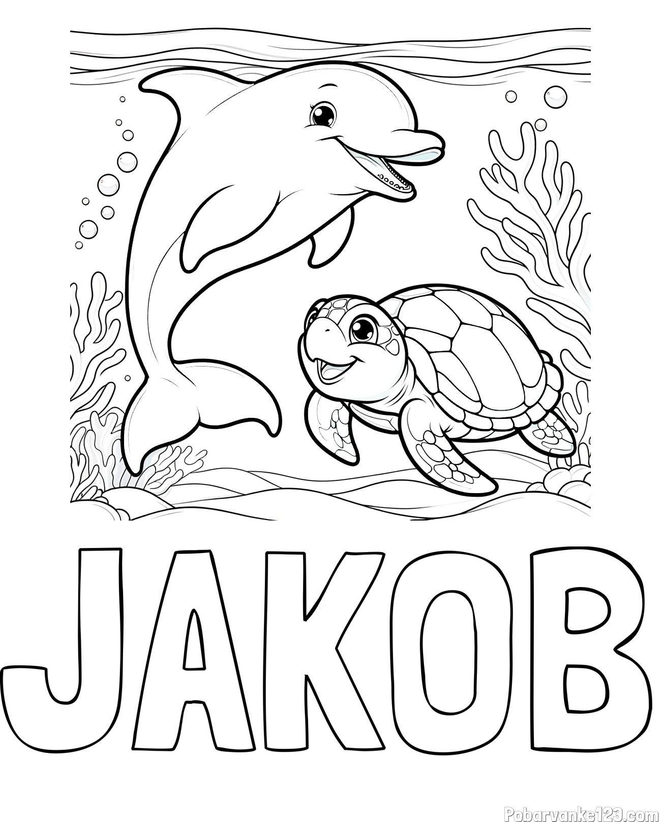Pobarvanka imena JAKOB in pobarvanka ljubkega delfina z želvo v morju