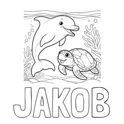 Online izdelana pobarvanka - Pobarvanka imena JAKOB in pobarvanka ljubkega delfina z želvo v morju