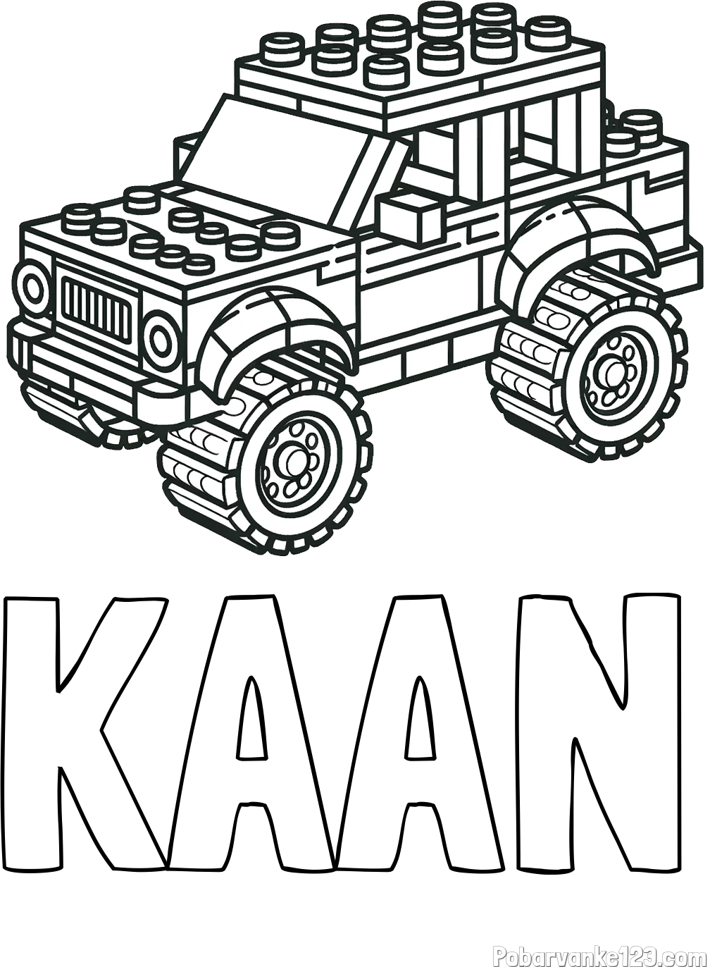 Pobarvanka imena KAAN in pobarvanka džipa sestavljenega iz LEGO kock