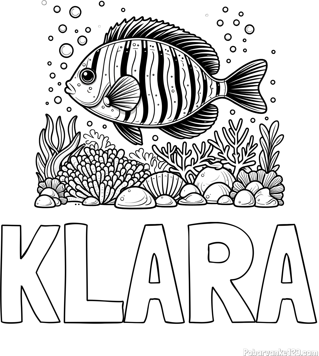 Pobarvanka imena KLARA in pobarvanka ribe v morju med koralami