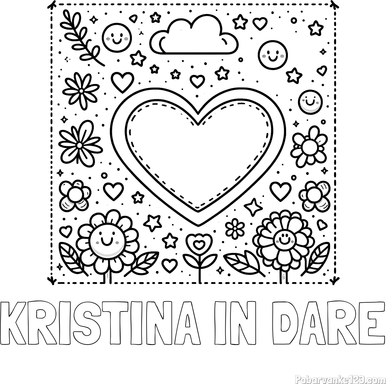 Pobarvanka imena KRISTINA IN DARE in pobarvanka srčka ter rožic