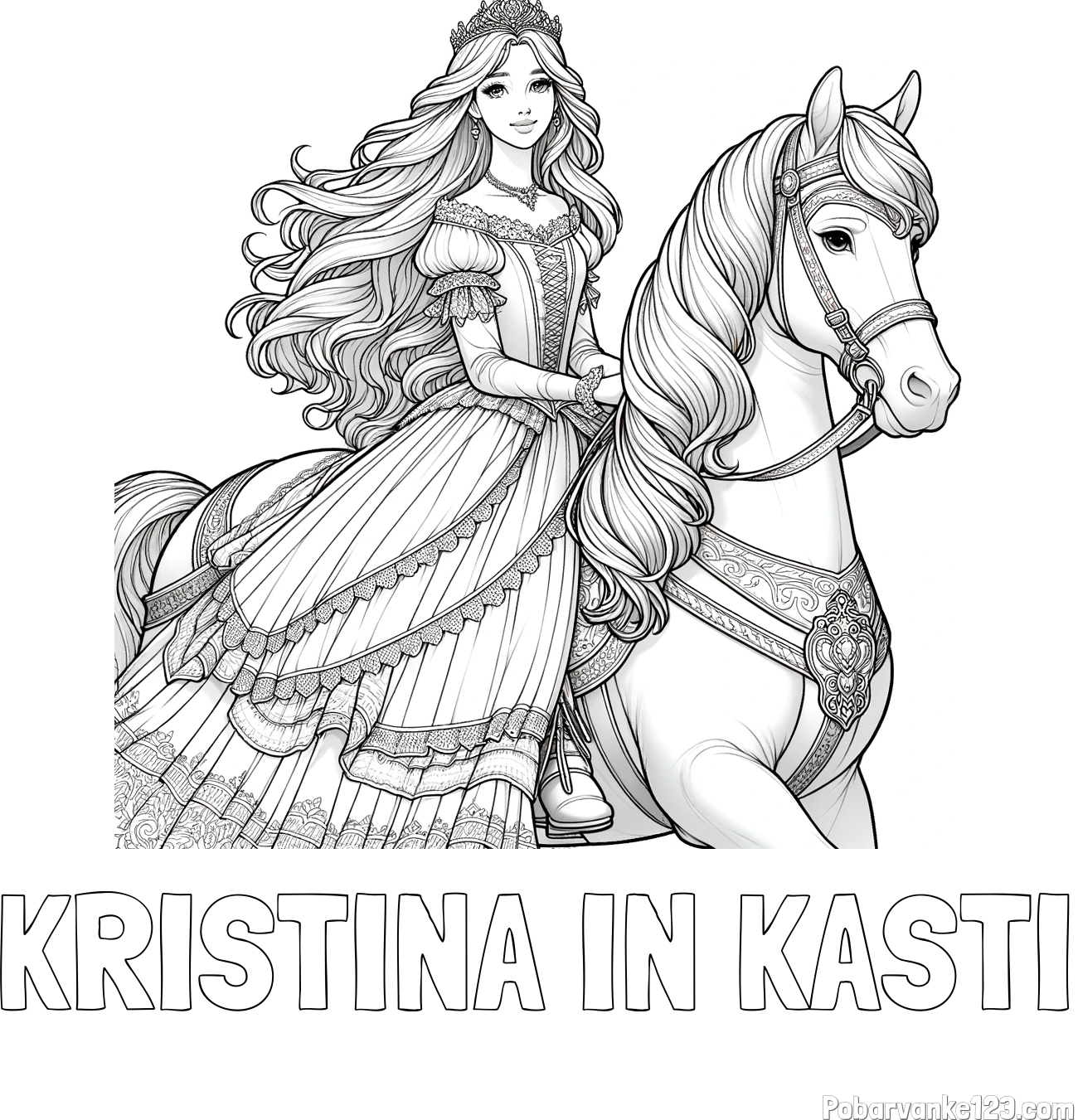 Pobarvanka imena KRISTINA IN KASTI in pobarvanka nasmejana princese na konju