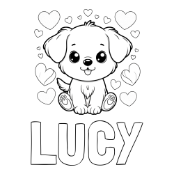 Online izdelana pobarvanka - Pobarvanka imena LUCY in pobarvanka ljubkega kužka obdanega s srčki
