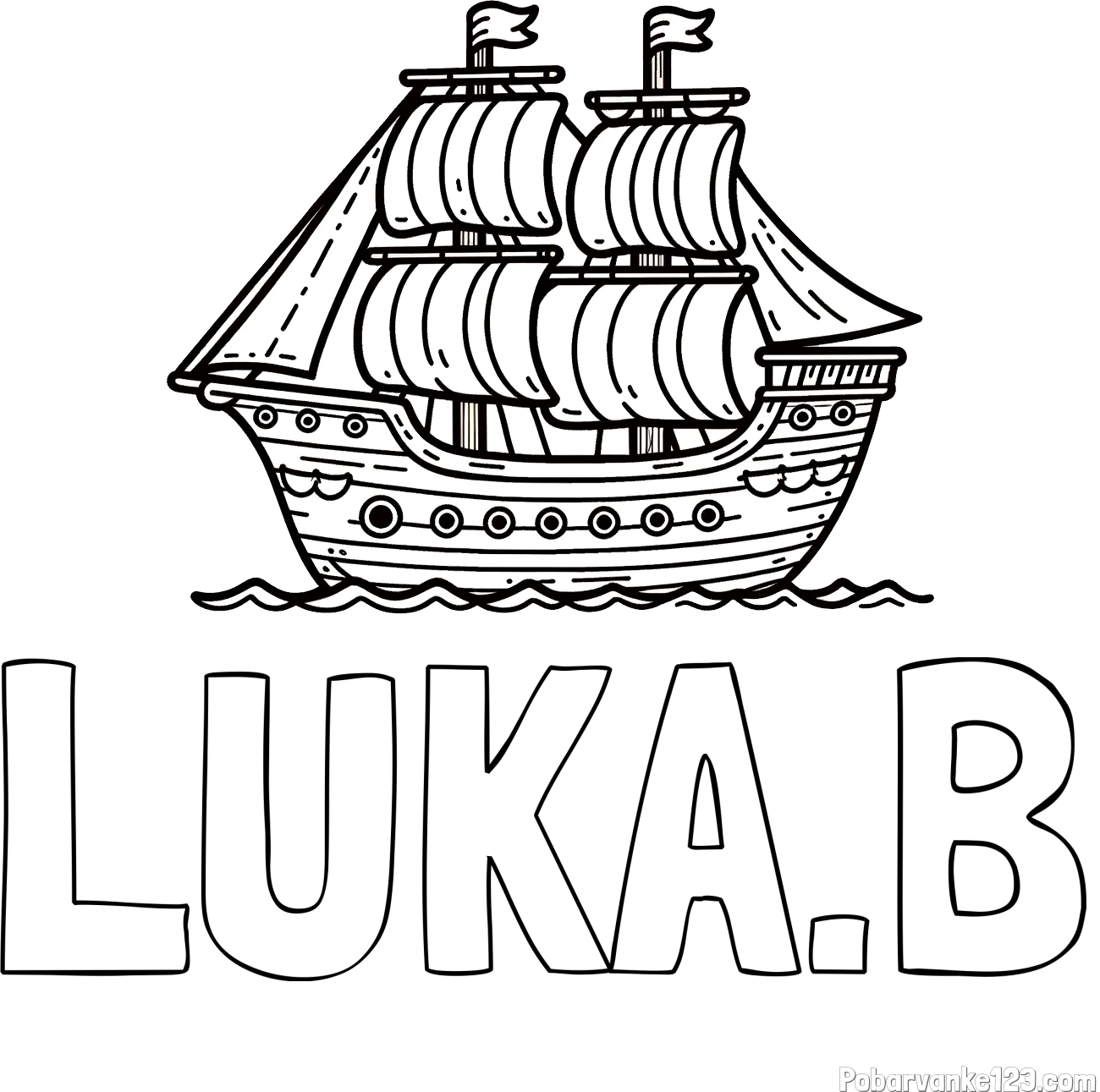 Pobarvanka imena LUKA.B in otroška pobarvanka ladje