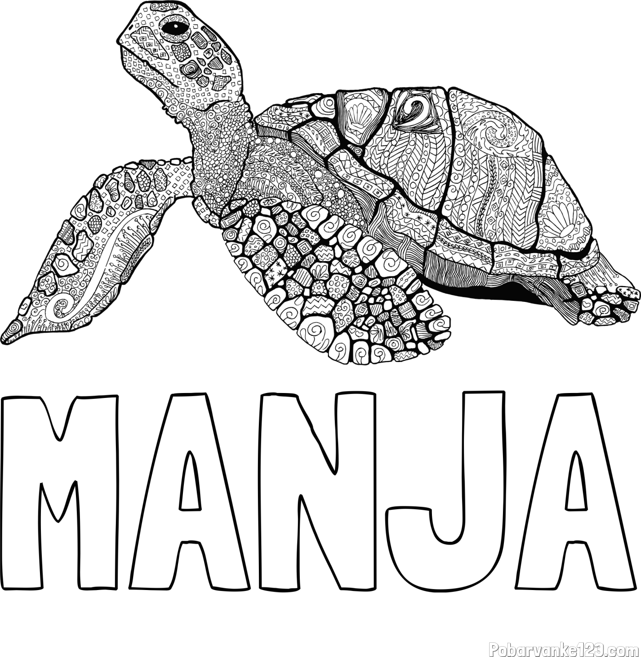Pobarvanka imena MANJA in pobarvanka velike želve - mandale