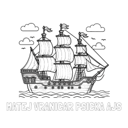 Online izdelana pobarvanka - Pobarvanka imena MATEJ VRANIČAR PSIČKA AJŠ in pobarvanka stare gusarske ladje