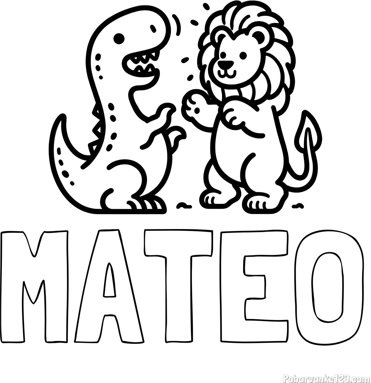 Pobarvanka imena MATEO in pobarvanka dinozavra, ki napada leva