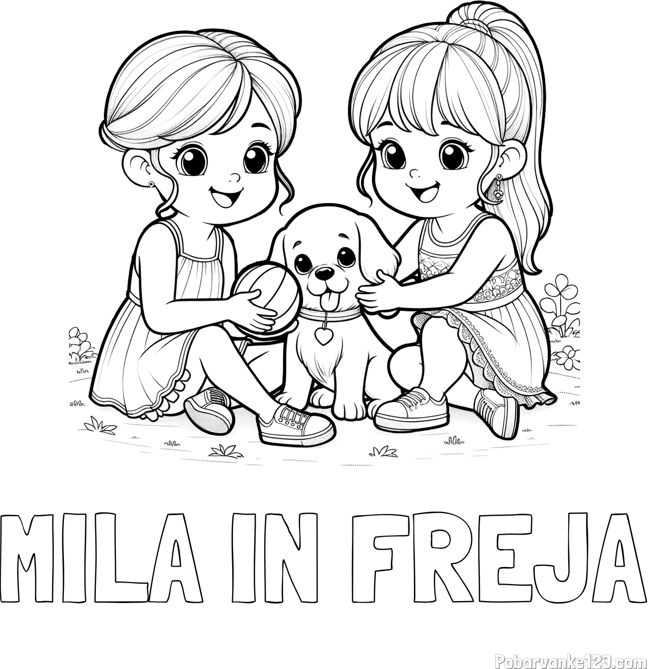 Pobarvanka imena MILA IN FREJA in pobarvanka prijateljic s kužkom