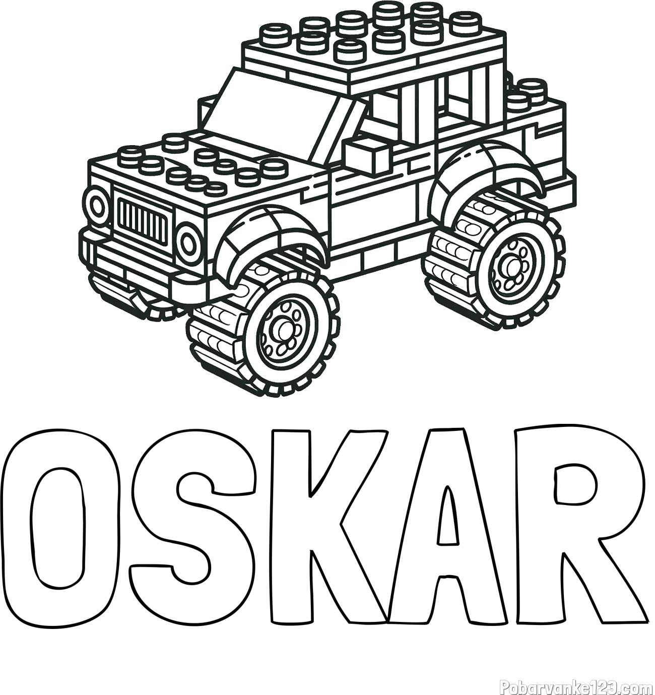 Pobarvanka imena OSKAR in pobarvanka džipa sestavljenega iz LEGO kock