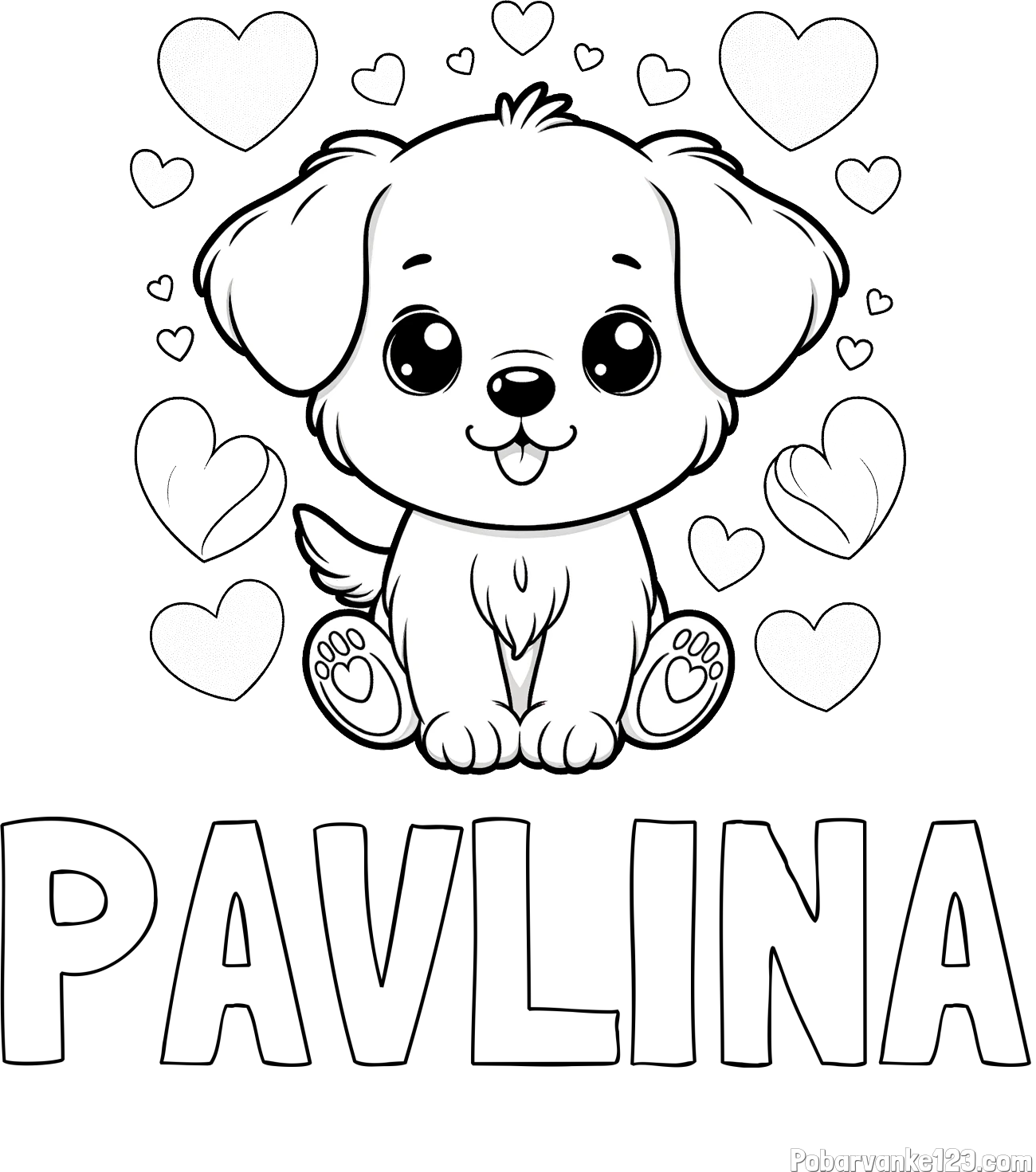 Pobarvanka imena PAVLINA in pobarvanka ljubkega kužka obdanega s srčki