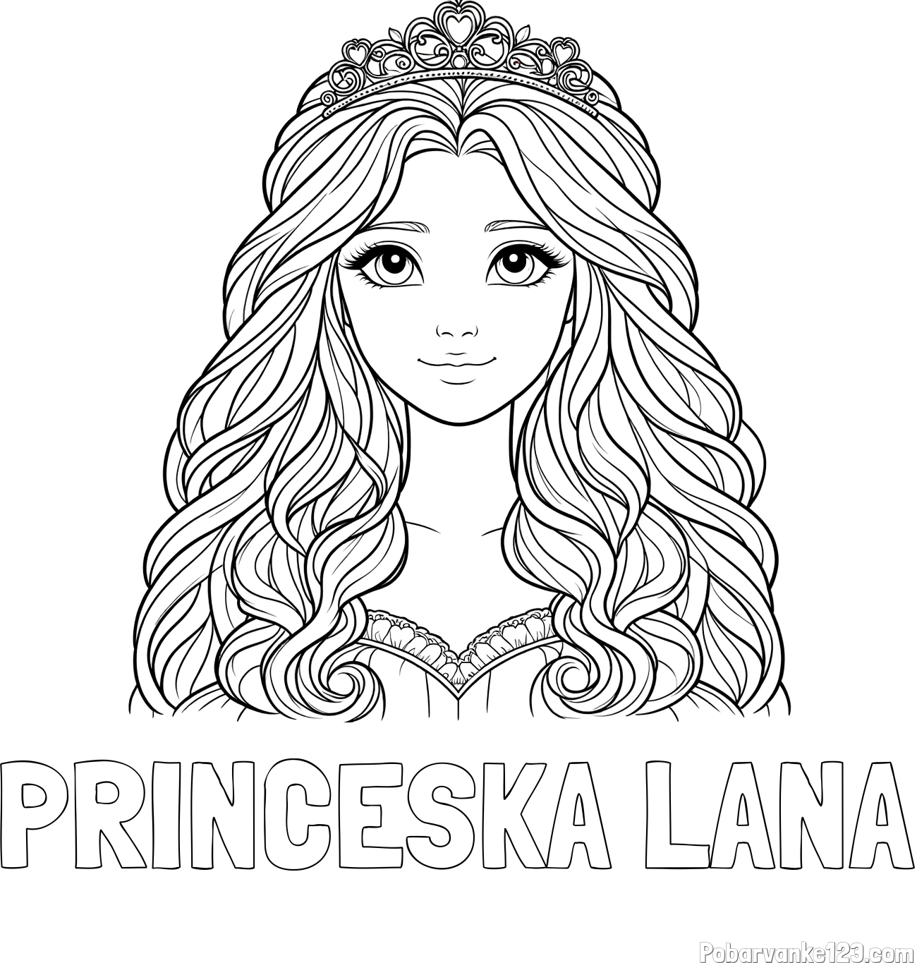 Pobarvanka imena PRINCESKA LANA in pobarvanka ljubke princese z bujnimi lasmi