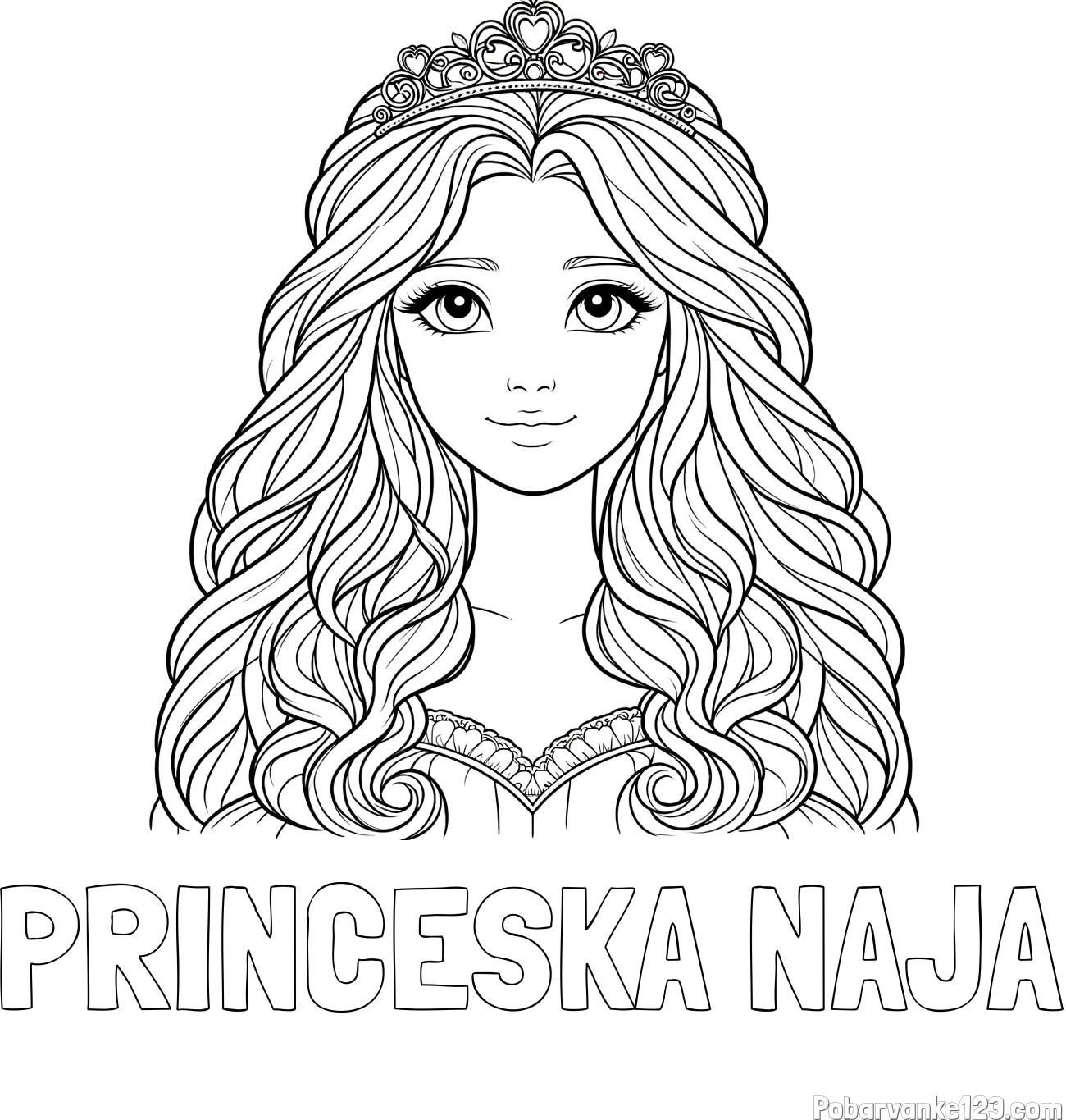 Pobarvanka imena PRINCESKA NAJA in pobarvanka ljubke princese z bujnimi lasmi