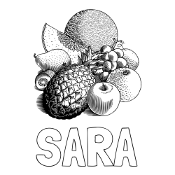 Online izdelana pobarvanka - Pobarvanka imena SARA in pobarvanka sadja (ananas, melona, jabolka, kivi, grozdje, pomaranča...)