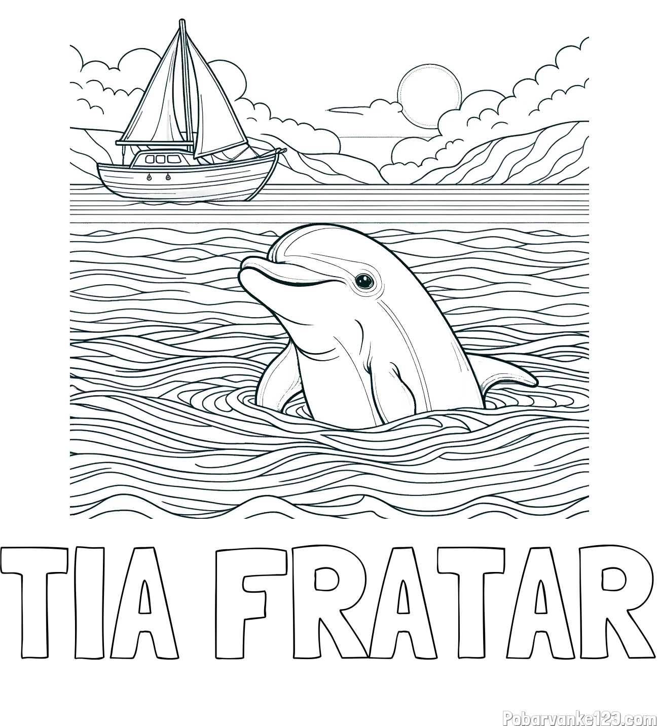 Pobarvanka imena TIA FRATAR in pobarvanka delfina v morju ter jadrnice