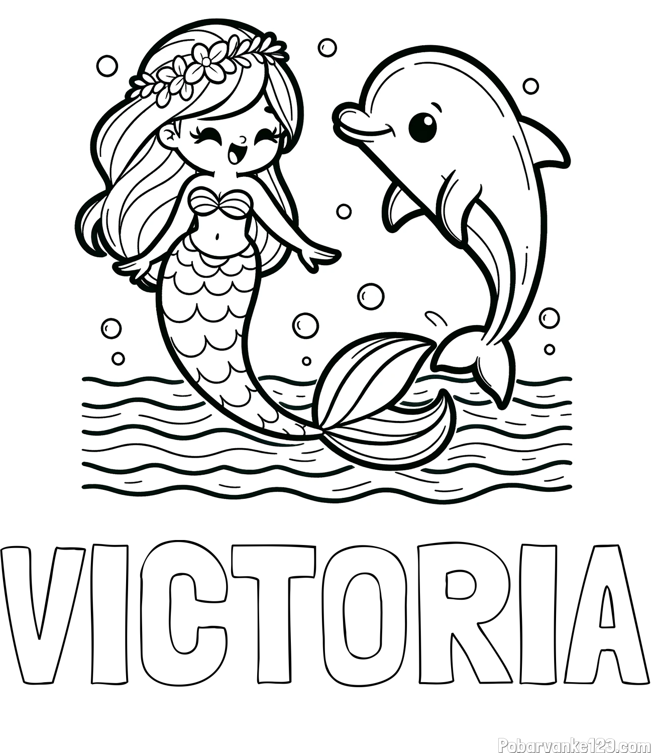 Pobarvanka imena VICTORIA in pobarvanka ljubke morske deklice, ki pleše z delfinom