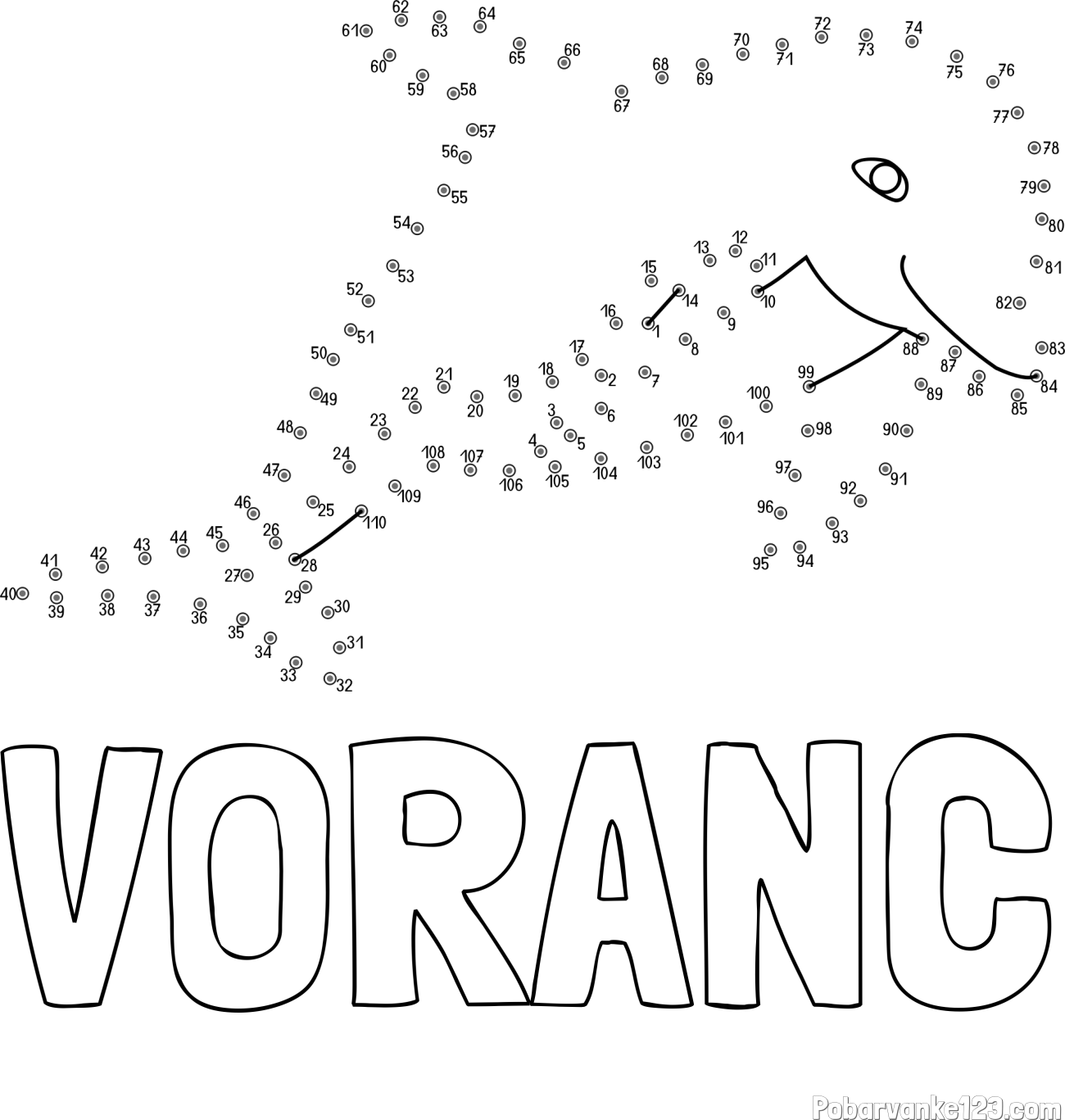 Pobarvanka imena VORANC in pobarvanka delfina - poveži številke