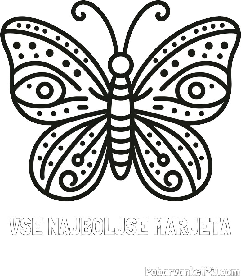 Pobarvanka imena VSE NAJBOLJŠE MARJETA in preprosta pobarvanka metulja