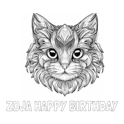 Online izdelana pobarvanka - Pobarvanka imena ZOJA HAPPY BIRTHDAY in pobarvanka mačke