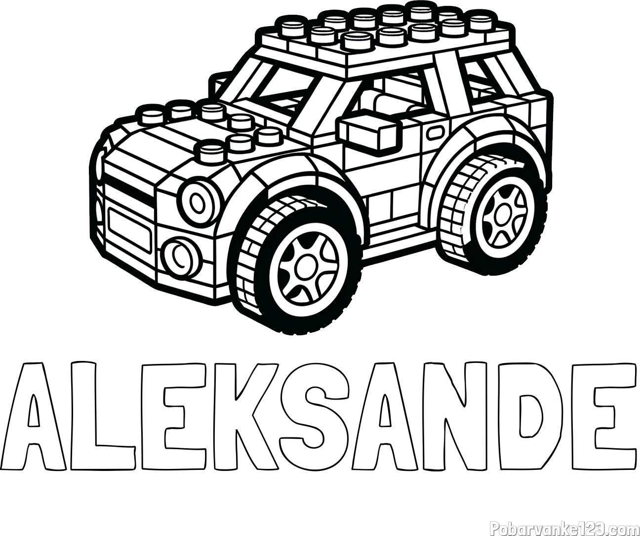 Pobarvanka imena ALEKSANDE in pobarvanka avtomobila sestavljenega iz LEGO kock