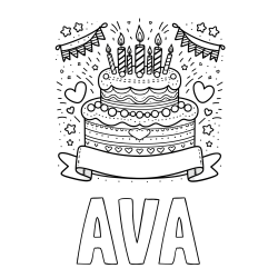 Online izdelana pobarvanka - Pobarvanka imena AVA in pobarvanka velike torte za rojstni dan