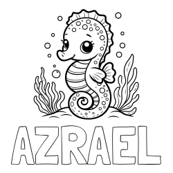 Online izdelana pobarvanka - Pobarvanka imena AZRAEL in pobarvanka morskega konjička