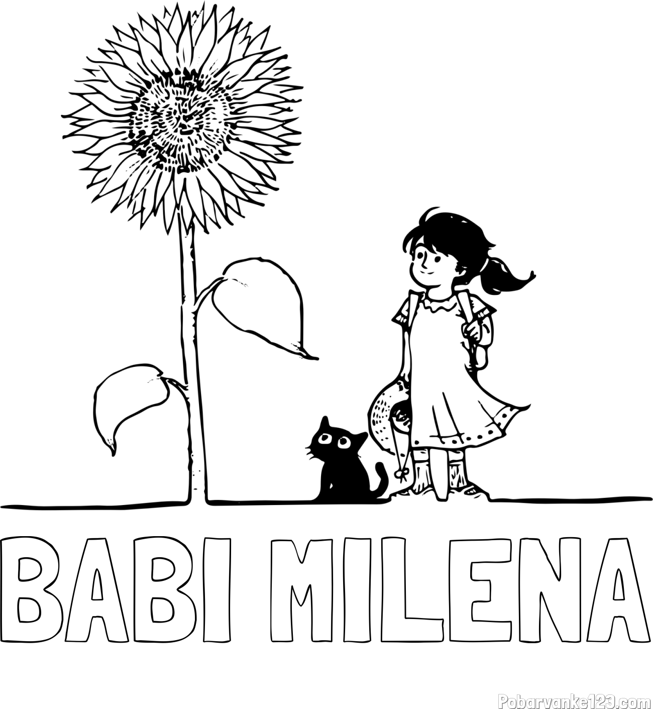 Pobarvanka imena BABI MILENA in pobarvanka velike sončnice, deklice in ljubkega mačka