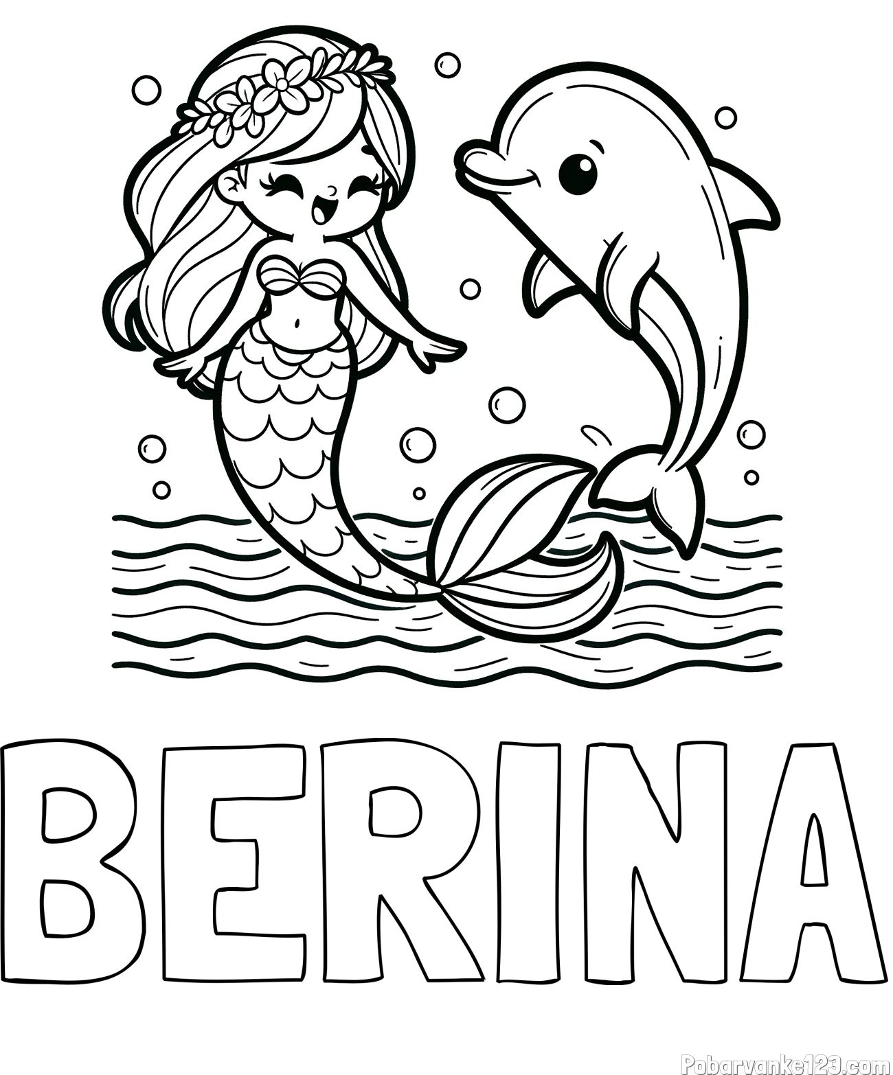 Pobarvanka imena BERINA in pobarvanka ljubke morske deklice, ki pleše z delfinom