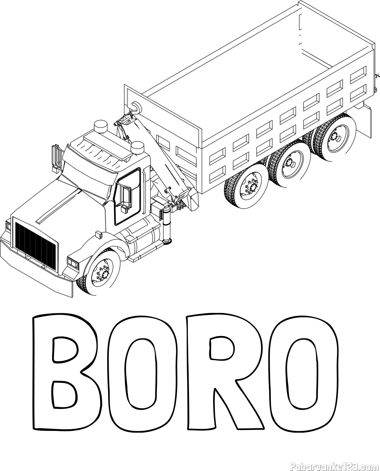 Pobarvanka imena BORO in pobarvanka velikega tovornjaka z dvigalko za nakladanje