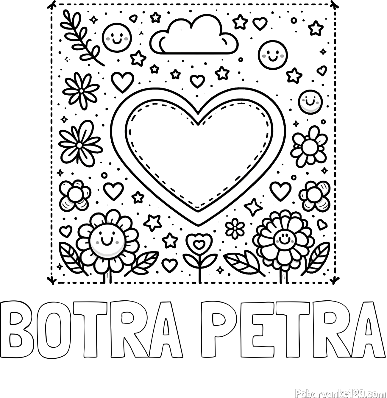 Pobarvanka imena BOTRA PETRA in pobarvanka srčka ter rožic