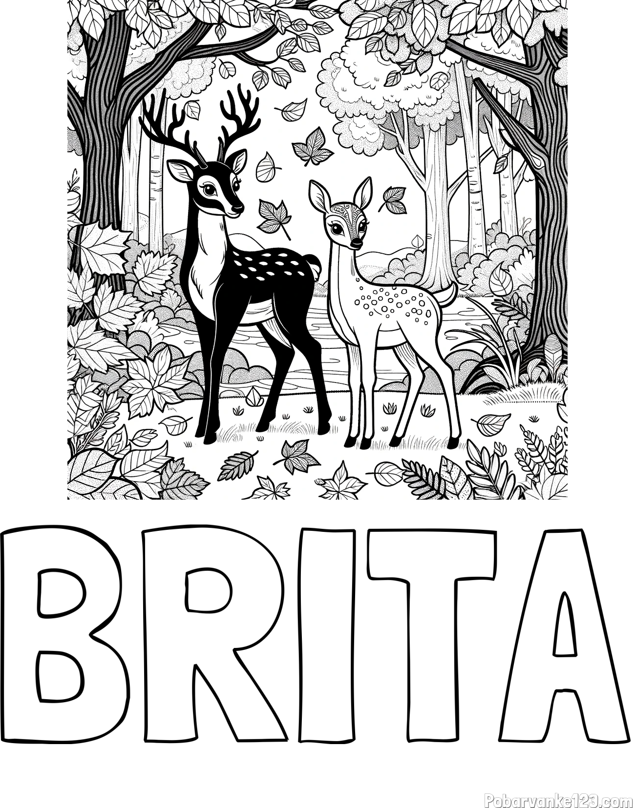 Pobarvanka imena BRITA in pobarvanka srnice in jelenčka